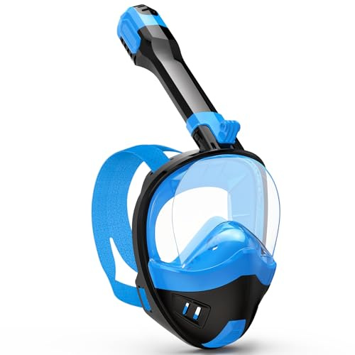 Full Face Snorkel Mask, Snorkeling Gear for Adults Kids with Latest Dry Top Breathing System and Detachable Camera Mount, with 180 Degree Panoramic View (Black Blue, S/M)