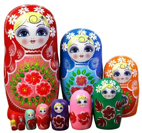 Joygoodta Russische Matroschka-Puppen, russische Matroschka-Puppen, 10 Stück/Set, Holz, stapelbar, für Kinder, Kinder, Erwachsene, Heimregal-Dekoration