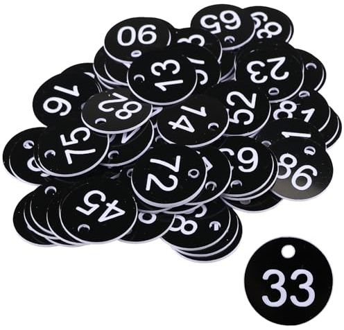 1-100 Plastic Table Numbers Tags Key Number Cloakroom Tags Engraved Discs | Waterproof Small ID numbered Discs with Hole for Lockers Restaurant Cafe Dormitory Hotel Mailbox Gym School Office