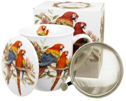 DUO Porcelain Taza con Infusor y Tapa Guacamayo Escarlata - Porcelana New Bone China – Diseño colorido de aves - Ideal para Té e Infusiones