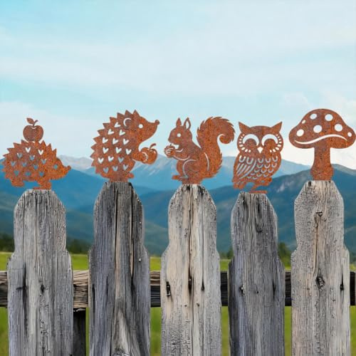 PRESSINART 5Pcs 5 Styles Rusty Animal Garden Ornaments, Metal Decorative Fence Toppers Hedgehog Owl Mushrooms Squirrel Pattern Durable Rust Iron Silhouette Stakes for Home Outdoor Yard Patio Decor