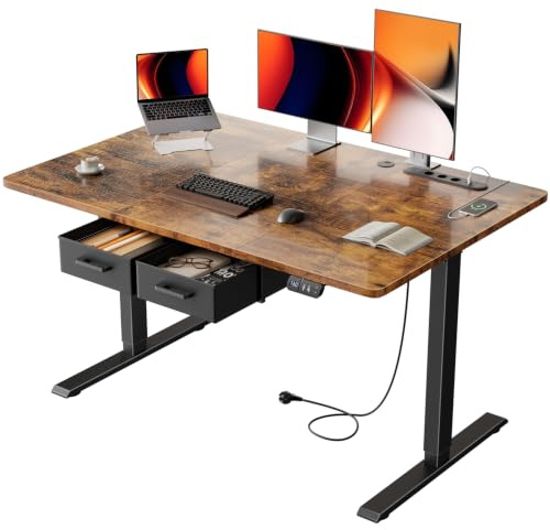 HLONONE Höhenverstellbarer Schreibtisch mit Steckdose, 120x80 cm, Braun | 2 AC-Anschlüsse & 3 USB-Anschlüssen, 2 Schubladen, Memory Funktion, 72-117cm Höhenverstellbarer, für Homeoffice