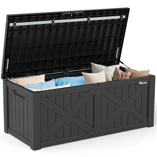 YITAHOME Große Aufbewahrungsbank 450 Liter mit X-Front, Wetterfeste Outdoor-Sitzbank, Resin Gartenbox für Terrassenkissen, Poolzubehör, Gartengeräte - Abschließbar,Schwarz
