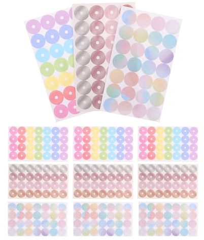 UKCOCO Pegatinas de Refuerzo de Agujeros Autoadhesivas Transparentes, 24 Hojas para Papel Suelto, Cuadernos y Archivadores, Diseños Metálicos, Brillantes y Holográficos, para Protección