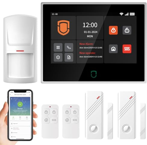 Wolf Guard WT4F 4G WiFi Alarma Hogar Pantalla táctil de 7 pulgadas, Tuya Smart sistemas completos con APP/SMS/alarma de llamada telefónica, sensores de puerta/ventana, detector de movimiento, mandos a