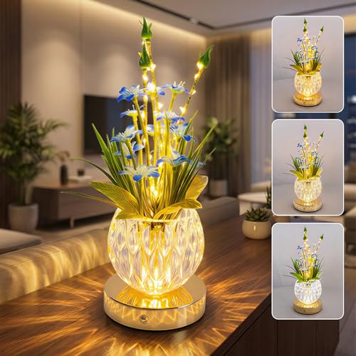 Plmmperation Flower Table Lamp, Mini Lily Table Decor with 3 Colors Dimmable, Artificial Flowers Night Light, Rechargeable Glass Lamp Small Desk Lamp for Party Holiday Home Decoration (Blue - Lily)