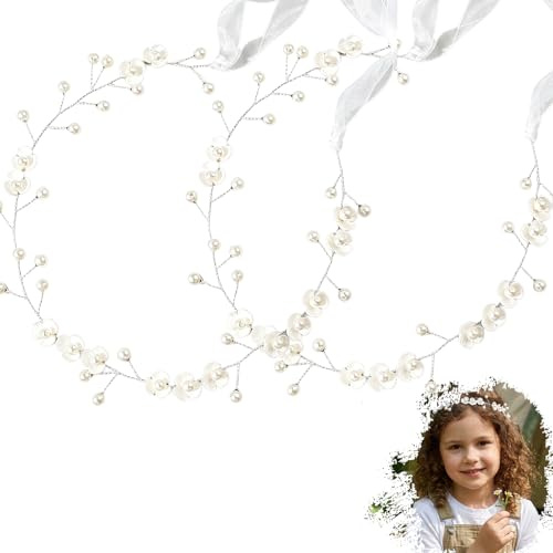 JKDHJK 2 piezas de accesorios para el pelo para comunión niña, corona de flores de perlas plateadas con cinta de seda, diadema ligera para primera comunión, boda y bautizo, tocado festivo