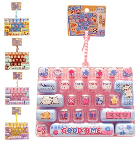 26-Key Cute Cartoon Clicky Keyboard Fidget Toy Keychain Stress Relief Keycap Clicker with Sensory Buttons Keyring Bag Pendant