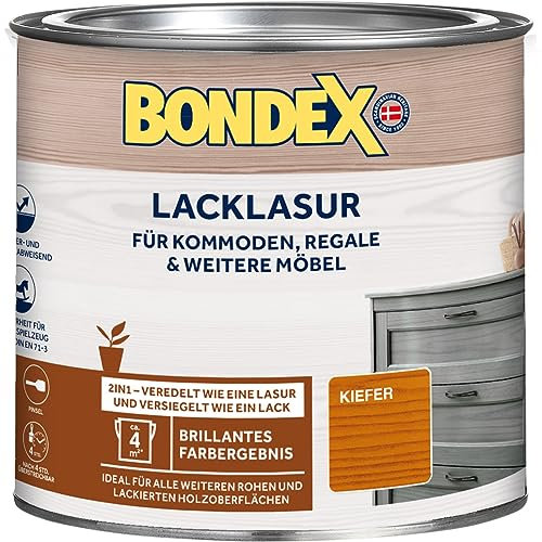 Bondex Lacklasur Kiefer 0,375 L für 3,75m² | 2in1 - veredelt und versiegelt | Wasser- und Schmutzabweisend | Sicherheit für Kinderspielzeug nach DIN EN 71-3 | Seidenglänzend | Holzlasur