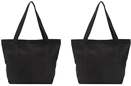 Augbunny Heavy Duty 100% Cotton Canvas Zipper Beach Shoulder Grocery Tote Bag With Outer Pocket 2-pack