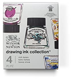 Winsor & Newton Zeichen Tusche im Set Cartello per Bottiglie, Viola, ultramarina, Giallo Solare, viridiano, Zeichentusche, 20 unità