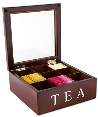 Tea Box,SONSAN Tea Bag Stores Wooden Tea Box 9 Compartments Hinged Glass Lid Tea Organizer Black
