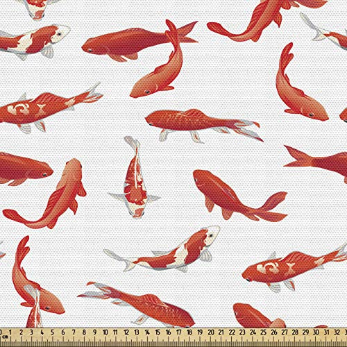 ABAKUHAUS Koi Fisch Stoff als Meterware, Asiatische Glückssymbol, Qualitäts Stoff Dekorativer Polster Heimtextilienstoff, 2M (148x200cm),Zinnoberrot und Weiß