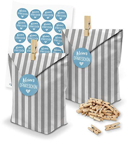 itenga Set 24x Geschenktüten Bodenbeutel aus Papier Bedruckt Muster Streifen Weiß Dunkelgrau inkl. 24 Klammern und Motivsticker Kleines Dankeschön - Gastgeschenk zum Füllen und Dekorieren