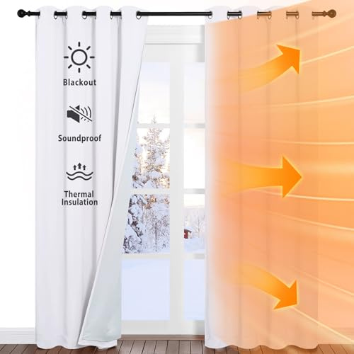 NICETOWN Sound Barrier 100% Blackout Divider Curtains 84, Noise, Heat and Cold Blocking Drapes with Felt Fabric Lining for Noise Reducing/Nursery/Daytime Sleep/Bedroom (White, 2 PCs, 52 Wide)