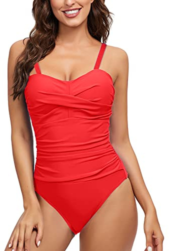 heekpek Traje de Baño Una Pieza para Mujer Bañadores Mujer Reductores Cuello en V Pliegues Bañador Bikini Retro, Rojo, L
