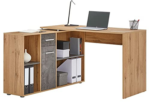 CARO-Möbel Eckschreibtisch Diego mit Stauraum, Wotan Eiche/Beton - Schreibtisch in L-Form für das Homeoffice, moderner Bürotisch mit Regal und Ablagefach, Computertisch