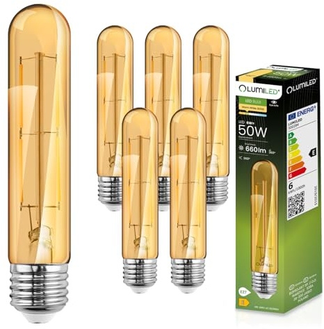 Lumiled T30 E27 Vintage LED Lampe 6W (Entspricht 50W), 660 Lm Farbiges Glas Leuchtmittel in Röhr 2000K Amber Licht Traditionelle Retro Warmglow Birne Filament 360° Glühbirnen, 6er-Pack Fadenlampe