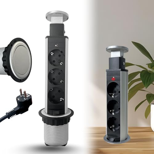 Multipresa Verticale da Incasso Estraibile con 3 Prese Schuko, Presa Retrattile da Tavolo e Scrivania, Cavo 1,8m, Finitura a scelta tra Alluminio e Nero, Foro Ø60mm