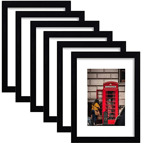 PWTAKO 11x14 Picture Frame Set of 6, Display Pictures 8x10 with Mat or 11x14 Without Mat for Wall Mounting,Black