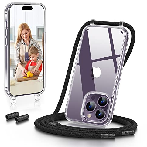 GOODVISH Handykette für iPhone 14 Pro Hülle mit Band, Schwarz | Kameraschutz und Bildschirmschutz, Transparent Necklace Handyhülle Schutzhülle für Umhängen Case mit Kordel 6.1