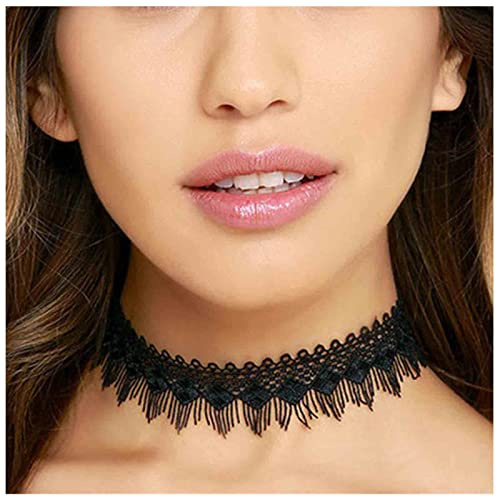 Allereya Bohême Collier Ras du Cou en Dentelle Creuse Collier à Franges en Dentelle Noire Gothique Collier Noir Collier Punk Tattoo Choker Bijoux pour Femmes et Filles Cadeaux d'halloween（Noir）
