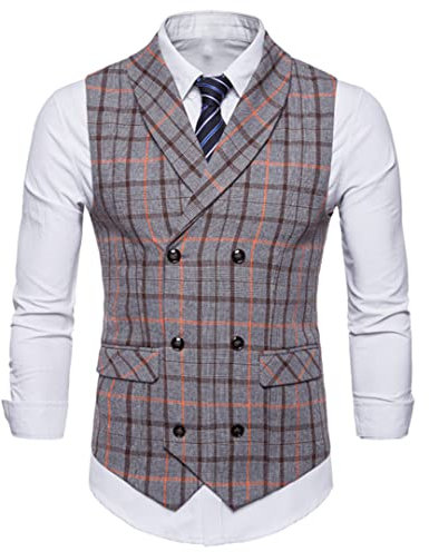 Spring and Autumn Men Sleeveless Business Plaid Jacket Suit Vest Casual Slim Vest Coffee L