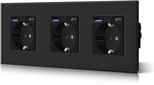 BSEED Triple prise murale Schuko 3 en 1 encastrable, en verre, avec ports USB-A et USB-C, puissance de charge rapide de 20 W, installation facile, noir