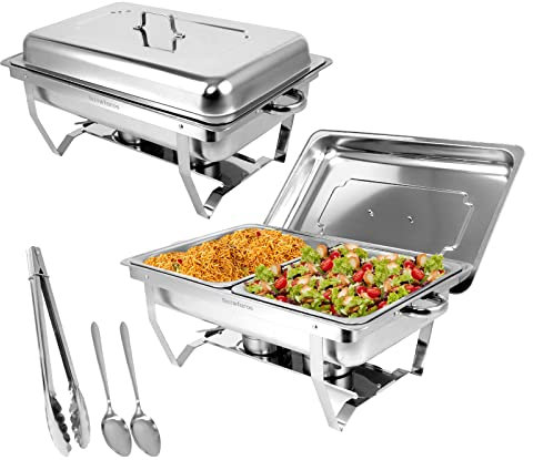 Snowtaros Scaldavivande per Buffet in Acciaio Inox, 9L Chafing Dish Catering Buffet Set con Pinze e Cucchiai per Party, Feste, Matrimoni, Banchetti (2 pezzi, 4 x GN 1/2)