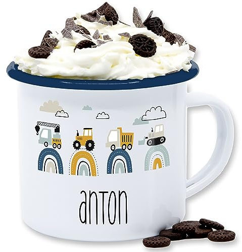 Emaille Tasse Blechtasse - Baustelle I Traktor I Bagger I Kran I Kipper I LKW I Planierraupe - 300 ml - Weiß Blau - traktoren traktor, trecker baufahrzeuge bulldog name landwirtschaft anton bauer