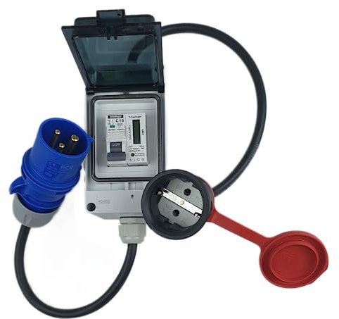 RoadEu - Adaptador para Camping-Car, Completo con Contador - Enchufe CEE 3P 16A a Schuko 230V - Alargador portátil 1m. IP44 Ideal para Camping y Autocaravana, Barco, Obra y jardín.