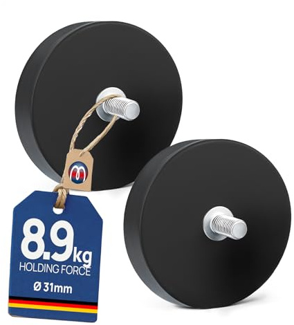 2 x Neodym Magnet-System gummiert Ø 31 mm Gewinde-Zapfen (Außen-Gewinde): M6 - Haftkraft 8,9 kg - 2 Stück - Starke Magnete mit Gummi-Mantel Anti-Rutsch Beschichtung