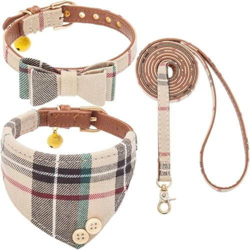 Dog Collar and Leash with Bow Tie for Small Dogs - Puppy Leash Collars Classic Beige Plaid Adjustable Size with Golden Bell, Perfect for Small Breeds and Boys