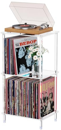 Bkemiy Soporte acrílico para tocadiscos, mesa giratoria transparente de 3 niveles con almacenamiento de discos de vinilo, 15.75 pulgadas de largo x 11.8 pulgadas de ancho x 30.72 pulgadas de alto,