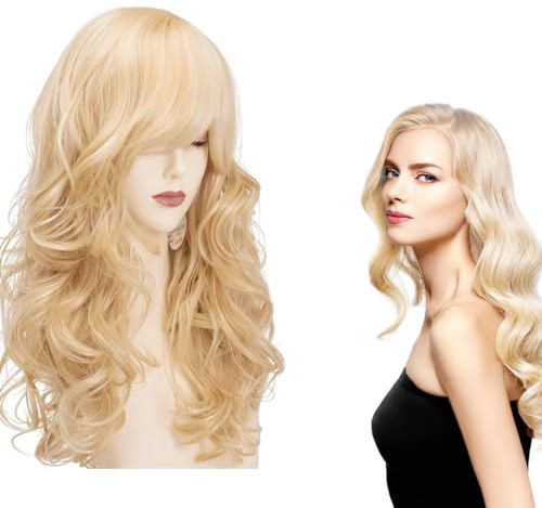 Blonde Perücke Damen Lang – 60cm Goldene Lockige Volle Haar Perücke mit Pony, Lange Gewellte Perücken Hitzebeständig & Natürlich, Golden Wave Wavy Wig für Alltag, Cosplay & Fasching