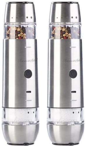 Rosenstein & Söhne Doppelsalz-Pfeffermühle: 2er-Set automatische 2in1-Akku-Gewürzmühlen mit 2 Keramik-Mahlwerken (Gewürzmühle mit LED, Mehrzweck-Gewürzmühle, BBQ)