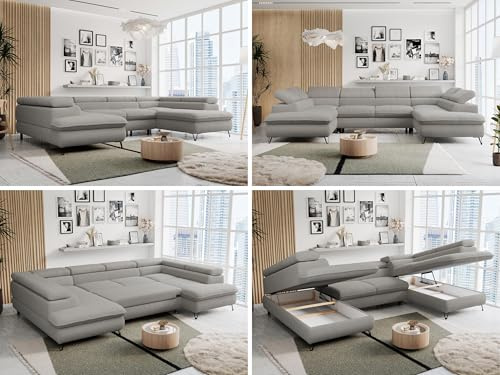 MKS MEBLE Sofa U-Form, Wohnlandschaft U-Form, Sofa mit Schlaffunktion und Bettkasten, Schlafsofa mit Bettkasten, Couch mit Verstellbare Kopfstützen - Peter U - Hellgrau Boucle (ohne Topper)