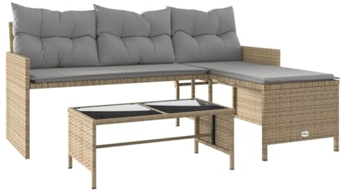 vidaXL Gartensofa in L-Form mit Tisch Kissen, Outdoor Sofa Terrassensofa, Garten Sofagarnitur, Gartenmöbel Sitzgruppe, Beige Poly Rattan