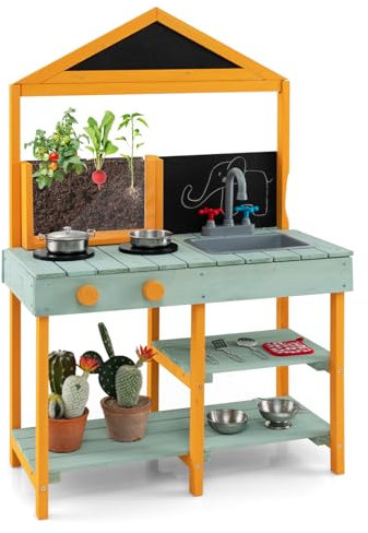 COSTWAY Mud Kitchen, Wooden Kids Toy Kitchen with See-Through Planter Box, Chalkboard, Sink & Faucet, Outdoor Pretend Kitchen Playset for Boys Girls Ages 3-8 (Green+Yellow)