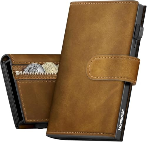 Manmaxim Cartera Hombre de Cuero, Tarjetero con Bloqueo RFID, Cartera Tarjetero Hombre pequeño para Crédito, Billetes y Monedas con Caja de Regalo, Marrón