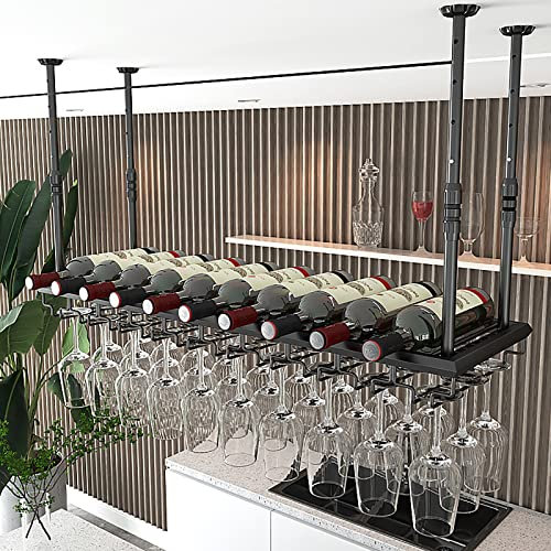 IBOWZ Deckenregal Decken Weinregal Decken-Weinregale, Höhenverstellbar, Vintage-Weinhalter aus Metall, Weingläser, Weinflaschenhalter, geeignet für Bars, Küchen, Restaurants