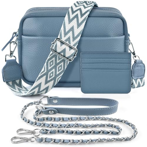 BROTOU Handy Umhängetasche Echtes Leder Crossbody Bag mit 2 Breitem Schultergurt Kartenhalter, Schwarz UmhäNgetasche Damen Leder UmhäNgetasche Damen, Kleine Tasche Damen mit 3 Fächern