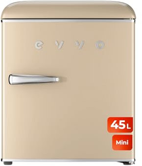 EVVO Mini Nevera Retro 45 Litros de Capacidad, Diseño Vintage, Bajo Consumo, Silenciosa, Control de Temperatura, Organizador de Espacios, Frigorífico Mini F20 Retro Color Beige