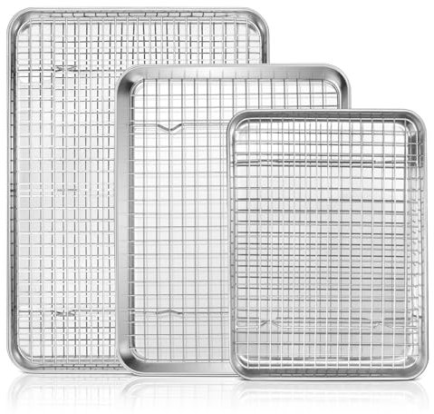 Leonyo Backblech mit Drahtgitter, 40,6 cm + 31,8 cm + 22,9 cm Backblech und Kühlgitter, kommerzielle Edelstahl-Antihaft-Backbleche zum Backen, Kochen, Braten, 6 Stück (3 Bögen + 3 Gestell)