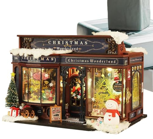 Kit de Pueblo de Navidad – Pequeña casa de muñecas de Madera con decoración | Kit de casa de Navidad DIY con árbol y Muebles | Sala Creativa sobre el Tema del Invernadero para Adultos | AMU