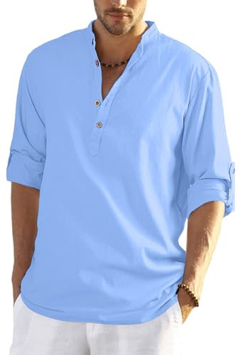 YAOHUOLE Men's Linen Shirt Long Sleeve Casual Grandad Shirt Henley Sky Blue XXL