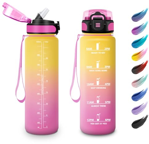 Gourde Sport 1L, Bouteille Motivation avec Marqueur de Temps, Bouteille avec Paille, Grande Gourde, Étanche et Réutilisable, pour Voyage, Camping, Course à Pied, Extérieur, Cyclisme, Bureau, Gym