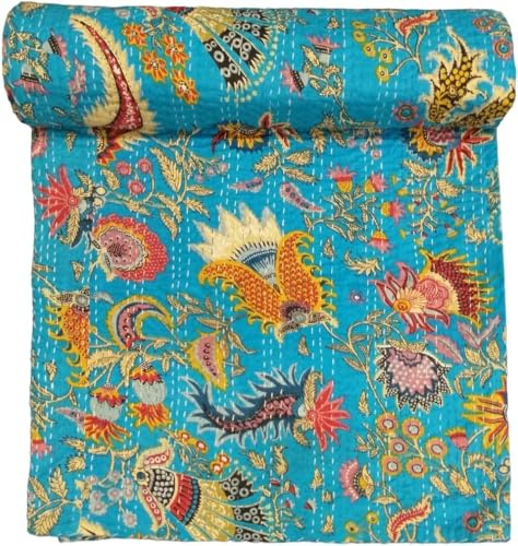 Aizza Trends Edredón Kantha de algodón puro hecho a mano, manta de cama, colcha de aspecto tradicional, Kantha Gudri, cobija de playa decorativa vintage con puntada a mano