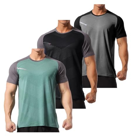 YOUTHUP 3-pack sport-t-tröjor för män snabbtorkande gym toppar reflekterande logotyper kortärmad tröjor andningsbara utomhus löpning färgblock, Svart/grön/grå, L