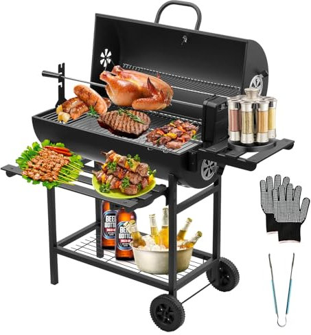 TEENO Barbecue a carbone di legno,con griglia di cottura XXL,guanti anti-bruciore, termometro, cassetto cenere, sfiato regolabile, grande barbecue al carbone di legno(aggiornamento (with Chicken Grill